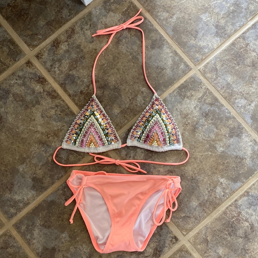 Venus sequin/bead triangle peach/white bikini with tie sides - sz 2
